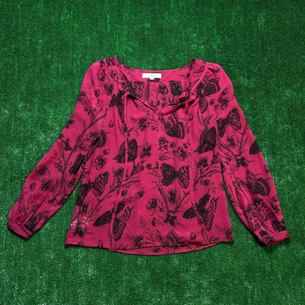 LOFT Butterfly Floral Tie Neck Blouse Magenta Pink Medium